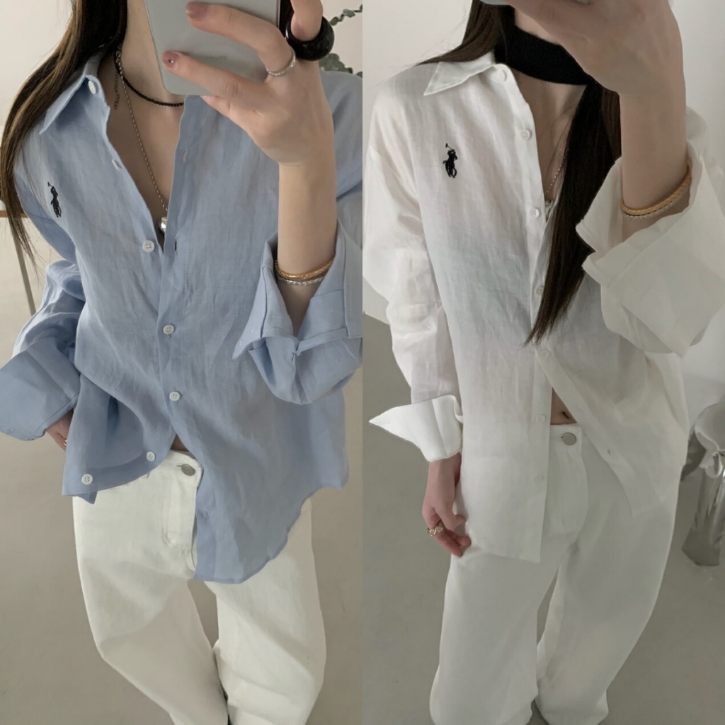 เสื้อเชิ้ตผู้หญิง เสื้อแขนยาว ปักลาย ทรงหลวม สีพื้น ใช้เป็นเสื้อผ้ากันแดดได้