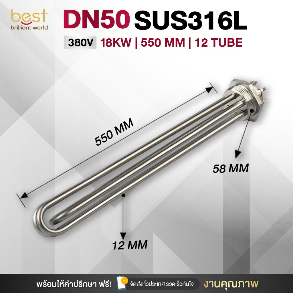 ฮีตเตอร์ต้มน้ำ/ฮีตเตอร์จุ่ม (Immersion Heater) SUS316L 18KW 380V DN50 (ยาว 550mm)
