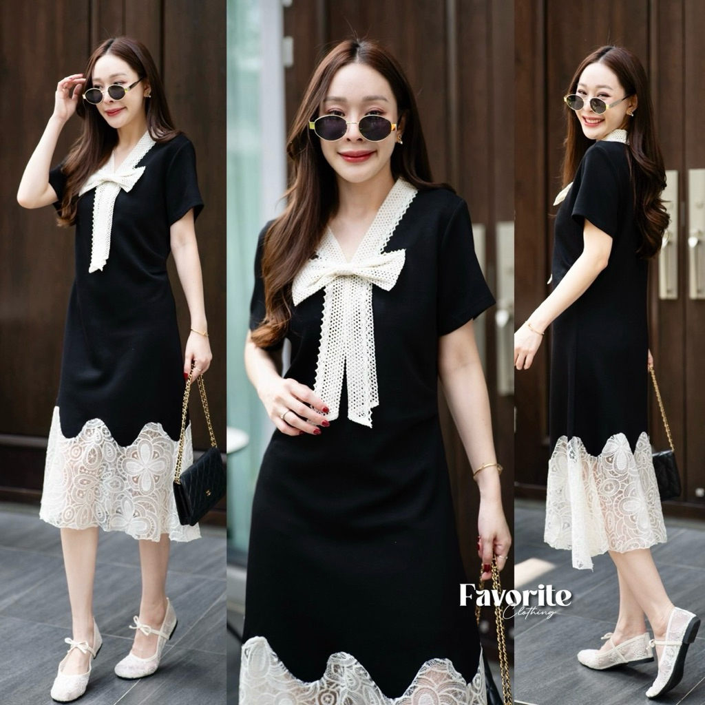 🌿🌼🌸🌺🖤🤍🇰🇷 Cotton Patch Lace Bow Collar Maxi Dress