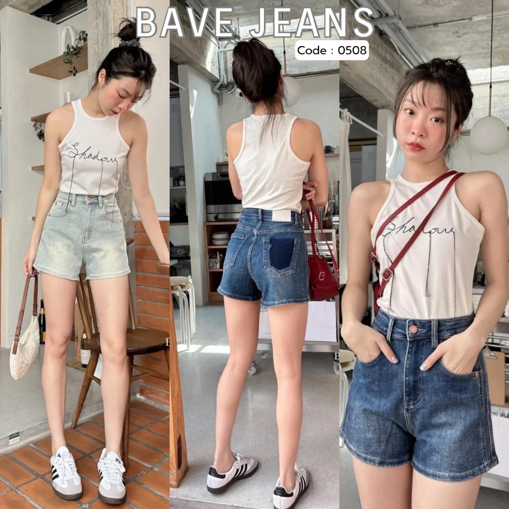 Bave กางเกงยีนส์ขาสั้น ผ้ายืด เอวสูง ทรงสวย ยาว 12 นิ้ว Code 0508