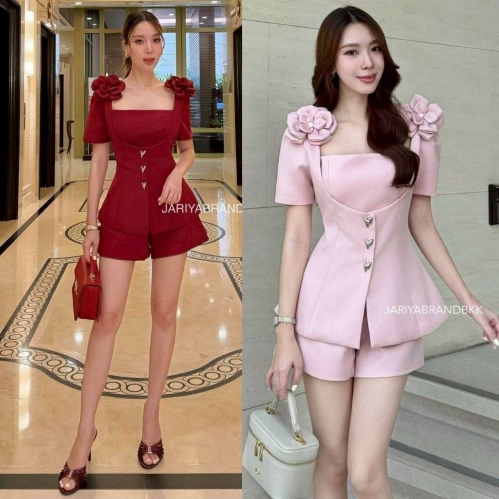 (S-XL)   Jariya   ✅️พร้อมส่งชุดเซ็ท4ชิ้นเสื้อคอยยูแขนสั้น+กางเกงขาสั้น+เข็มกลัดดอกไม้2ดอก