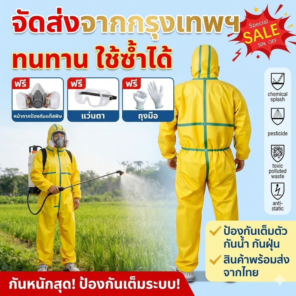 🔥ชุดป้องกันสารเคมี กันน้ำ 100% ไม่ซึม กันเชื้อโรค ป้องกันยาฆ่าแมลง ใช้งานเกษตร/โรงงาน ใส่สบาย