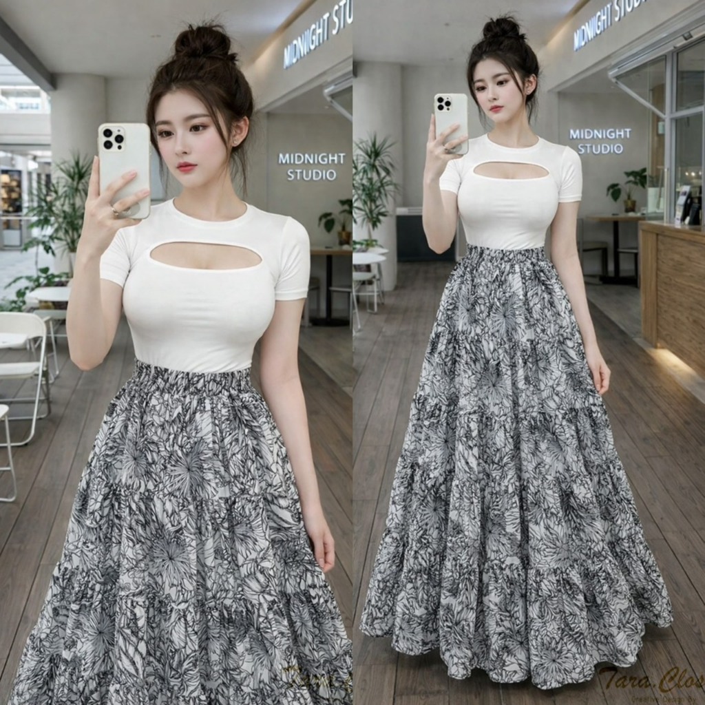 IT130 TARA SKIRT กระโปรงยาวเอวสูง พิมพ์ลายดอกคลาสสิค เอวยางยืด แต่งระบาย 3 ชั้น เนื้อผ้าไหมอิตาลี ผ้าดี ใส่สบาย