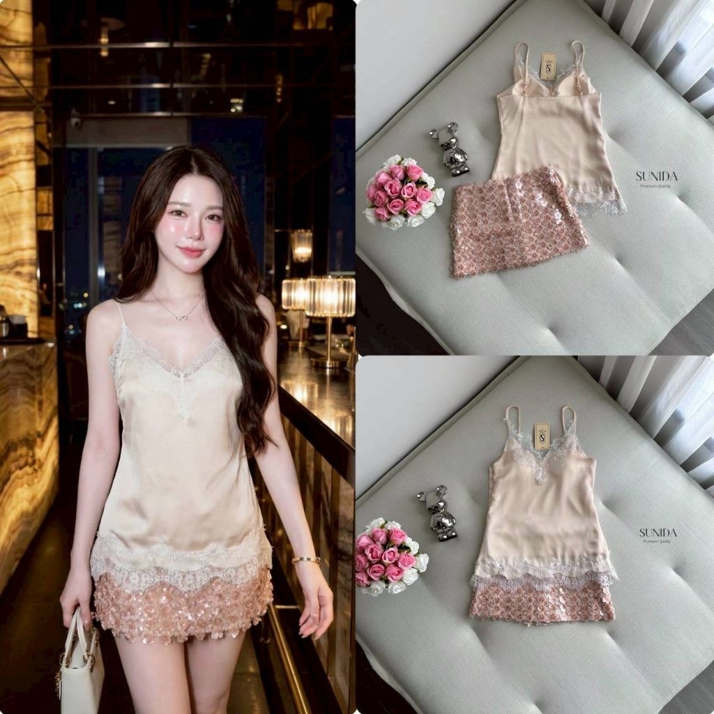 Sunida ชุดเซต2 ชิ้น เสื้อสายเดี่ยวสายปรับระดับได้ ผ้าซาติน อกมีฟองนม ขอบลูกไม้สีขาว+กระโปรงวิ้งๆๆดอกไม้