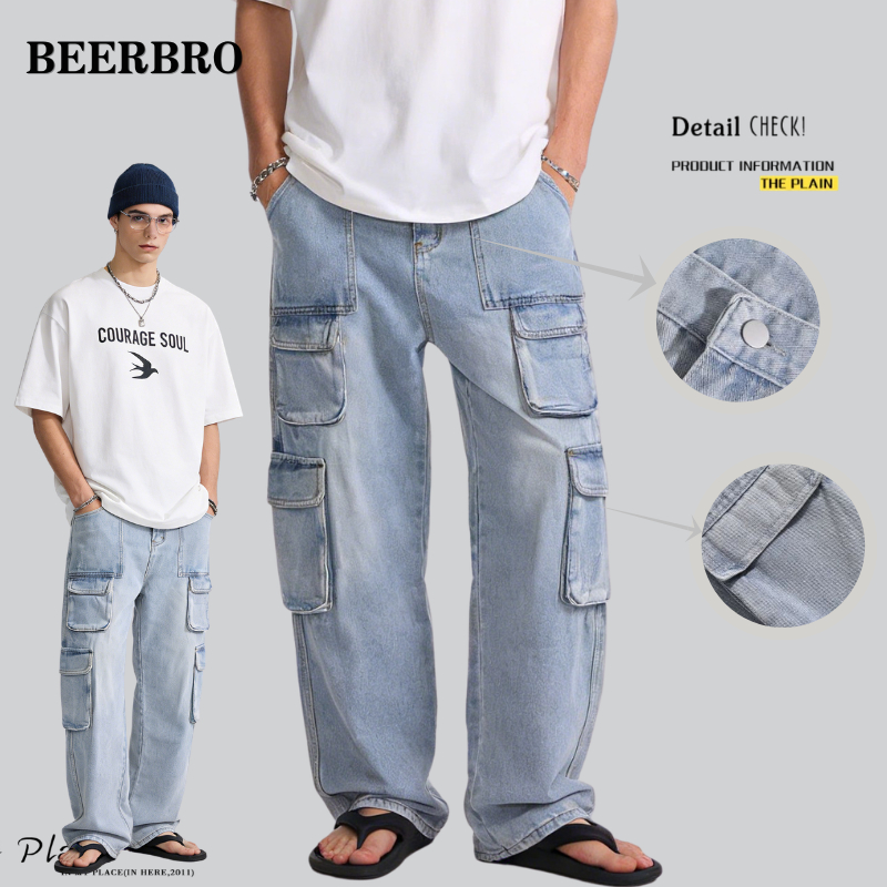 beerbroth-ยีนส์คาร์โก้ผู้ชาย  กระเป๋าข้าง ทรงตรง แนวสตรีท ทรงหลวม  สไตล์เกาหลี วินเทจ เอว28-36 ทรงกระบอกใหญ่ cargo