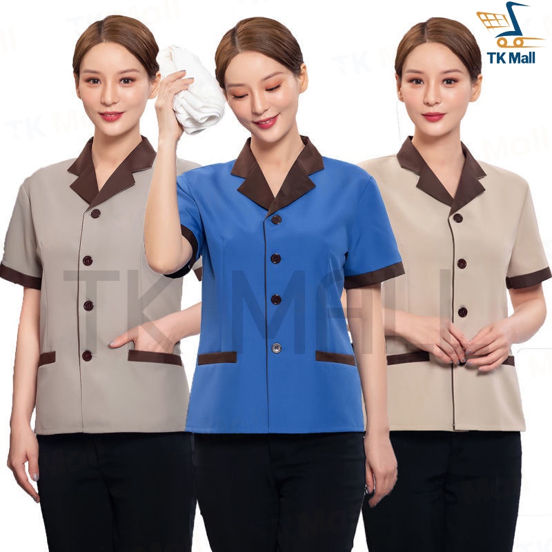 (L-6XL) เสื้อยูนิฟอร์ม ปกป้าน แขนสั้น ชุดแม่บ้าน ชุดพนักงานเสริฟ ชุดพนักงานทำความสะอาด  #4413