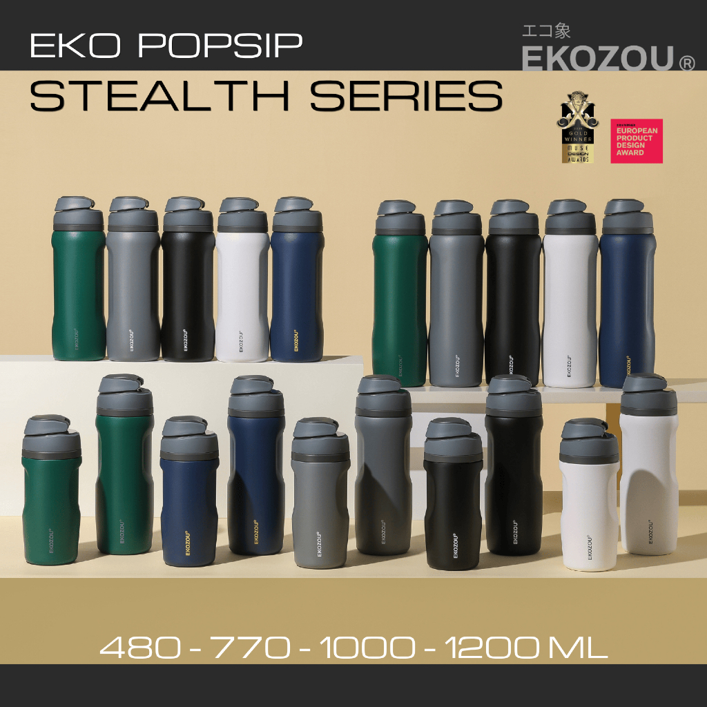 EKO POPSIP – STEALTH SERIES ขวดน้ำสแตนเลส 304 เคลือบเซรามิก ขนาด 480-770-1000-1200 ML มีหลอดดูดในตัว หิ้วได้ EKOZOU
