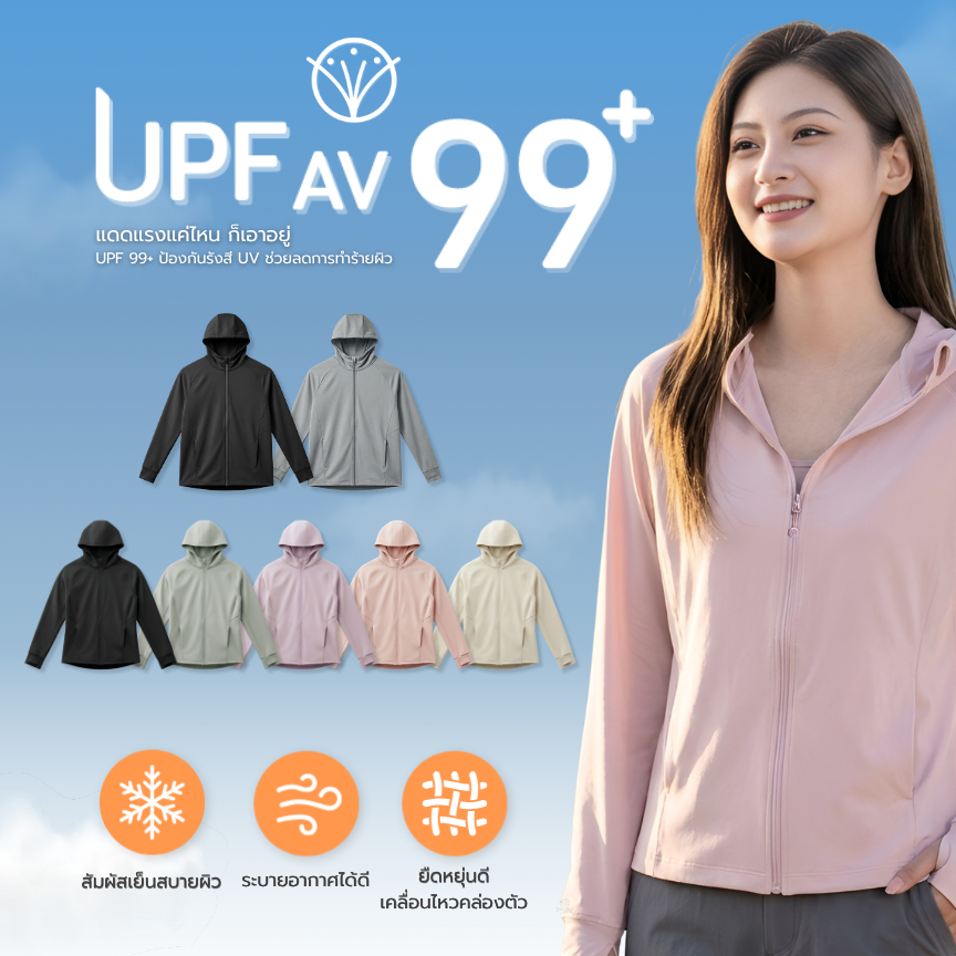 Glucoat | [K07/K08] เสื้อคลุมแขนยาวป้องกันแสงแดด UPF99+ ป้องกันรังสี UV มีฮู้ดและซิปหน้าออกแบบปลายแขนแบบสอดนิ้วโป้ง