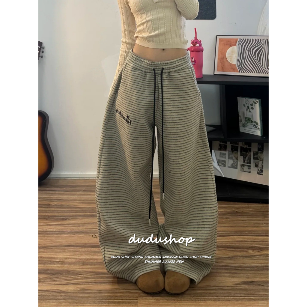 [Letter embroidery, striped pants]เกาหลีรุ่นวินเทจเต้นรำเทรนด์ลำลองลายผู้หญิงกางเกงขากว้าง