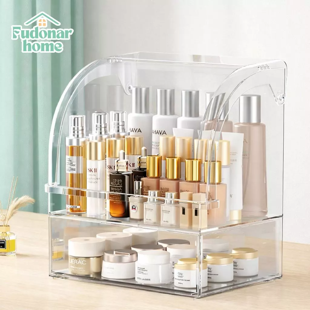 Fudonar กล่องใส่เครื่องสำอาง กล่องเก็บเครื่องสำอางอะคริลิก 3 ชั้น ลิ้นชักจัดระเบียบโต๊ะเครื่องแป้ง