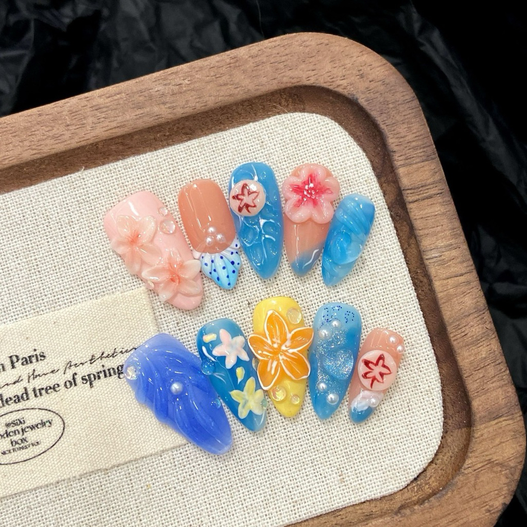 ฟรีกาว🍏Handmade A672 เล็บปลอมโทนสดใส มีลายดอกไม้ 3D น่ารัก ๆ ฟีลซัมเมอร์/ทะเล