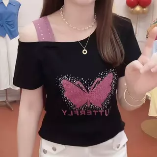 เสื้อยืดแขนสั้นเปิดไหล่ประดับเพชรลายผีเสื้อสุดฮิตประจำฤดูร้อน สไตล์เกาหลี เก๋ไก๋ ช่วยให้ดูผอมเพรียว และเหมาะสำหรับสวมใส่