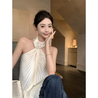 [Sheing office]🌟พร้อมส่ง🌟เสื้อแขนกุดคอคล้องคอสำหรับผู้หญิง เสื้อกั๊กผ้าซาตินอัดพลีทเนื้อหนา