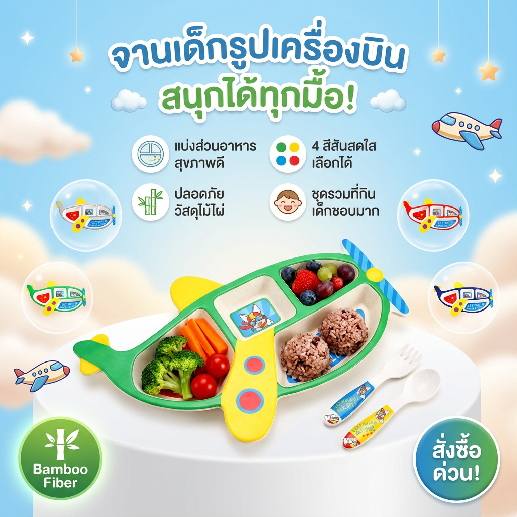 ถาดอาหารเด็ก จานหลุมเด็ก ลายเครื่องบิน (จาน+ช้อนส้อม) วัสดุธรรมชาติ ปลอดภัย BPA Free