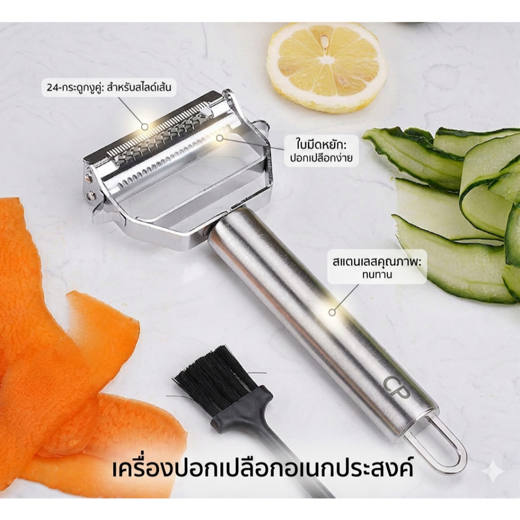 ที่ปอกเปลือกอเนกประสงค์ทำจากสแตนเลสคมกริบ ใช้ปอกผักและผลไม้ ขูดแครอท ใช้เป็นมีดปอกเปลือกได้