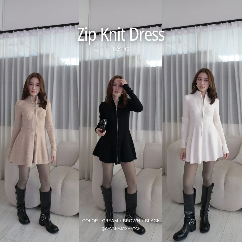 GAVANA- Zip Knit Dress เดรสไหมพรมแขนยาวซิปหน้า เอวคอดสวยมากก ผ้าแน่นไม่ย้วย  #D25143