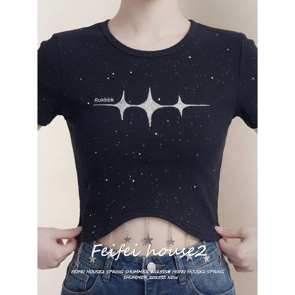 [Star pendant decorated T-shirt]เสื้อยืดแขนสั้นคอกลมผู้หญิงฤดูร้อนตกแต่งจี้ดาว์ปักอักษรตัดรัด