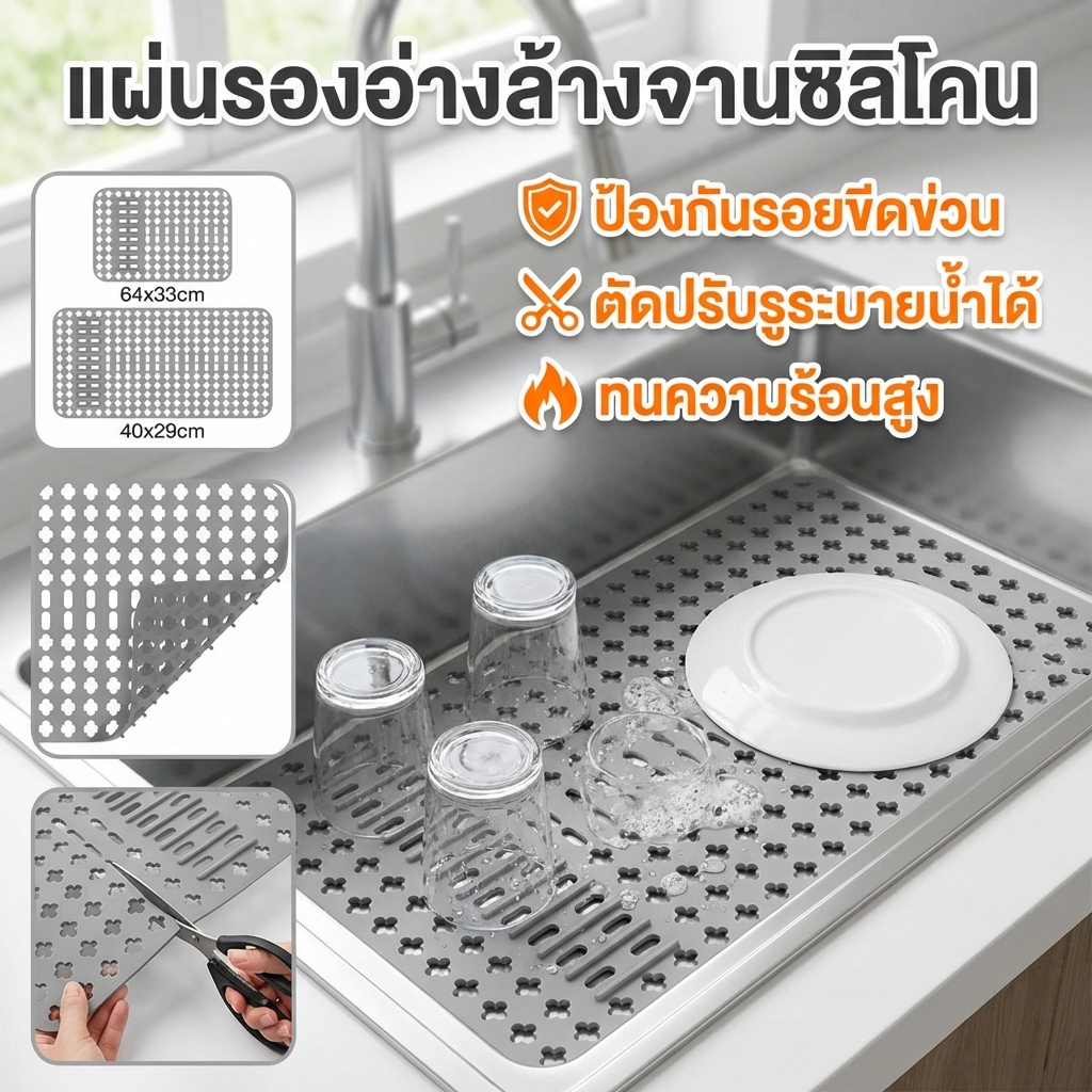 แผ่นซิลิโคนรองอ่างล้างจาน กันลื่น ขนาดใหญ่ ใช้ซ้ําได้ แบบพกพา ซิลิโคนอ่างล้างจาน แผ่นรองซิงค์ซิลิโคน