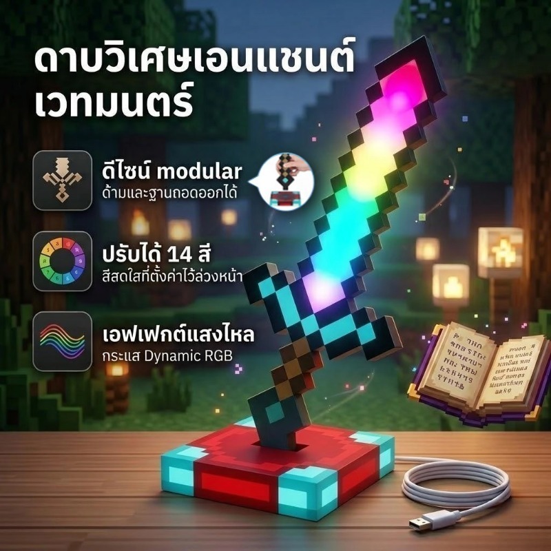 ดาบเพชรเรืองแสง โคมไฟมายคราฟ Minecraft Diamond Sword 14 สี RGB ชาร์จได้ ของแต่งห้องเกมเมอร์ ของขวัญวันเกิด