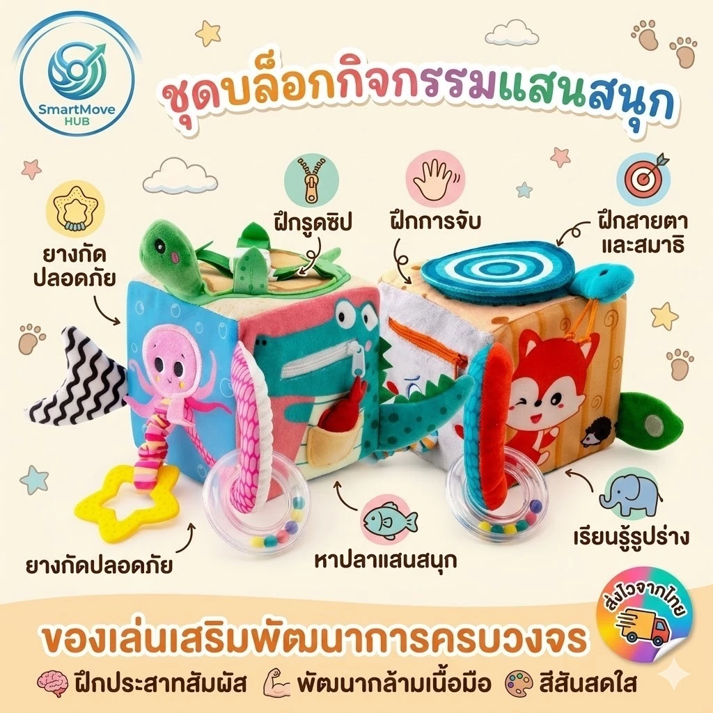 [พร้อมส่ง] เสริมพัฒนาการ 6M+ บล็อกผ้ามอนเตสซอรี่ เซ็นซอรี่ ลูกเต๋ากิจกรรม ฝึกกล้ามเนื้อ BPA Free ปลอดภัย