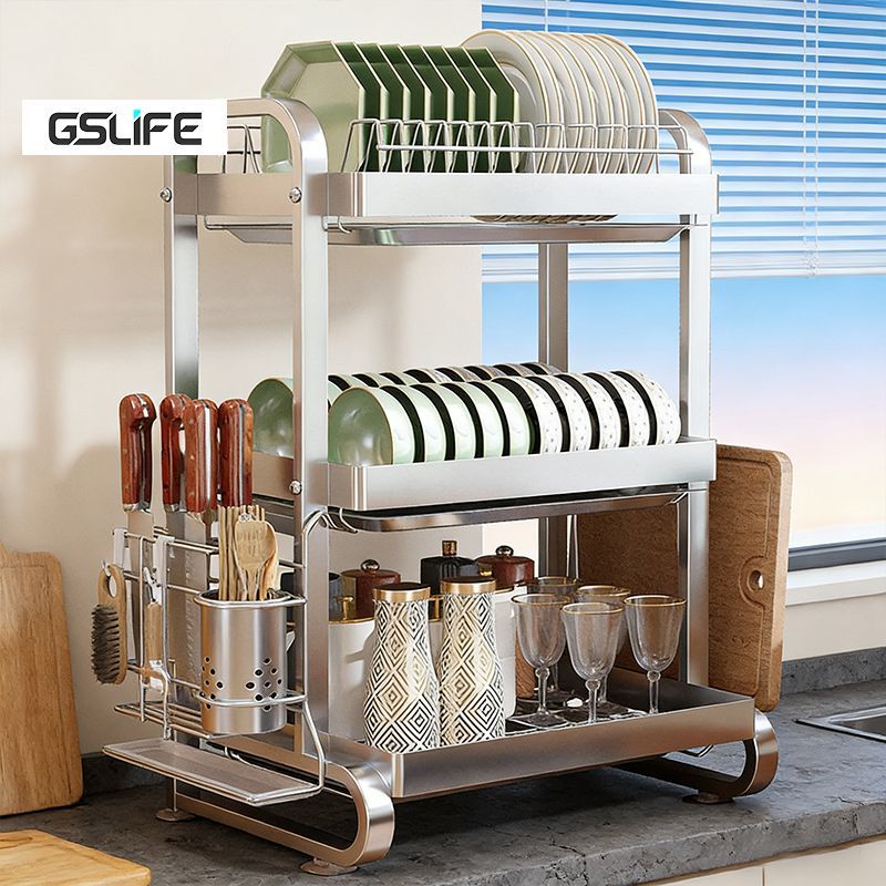 GSlife ที่วางจานสแตนเลสพร้อมถาดรองน้ำแบบถอดได้ วางจานได้