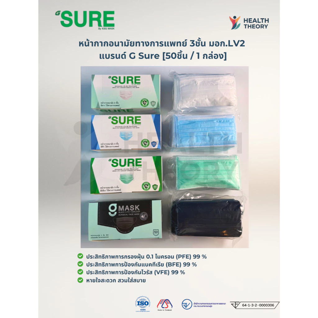 หน้ากากอนามัยทางการแพทย์ G Sure แมส 3 ชั้น แมสทางการแพทย์ มอก. LV2 กรองฝุ่น PM2.5 [ 50ชิ้น /1กล่อง]