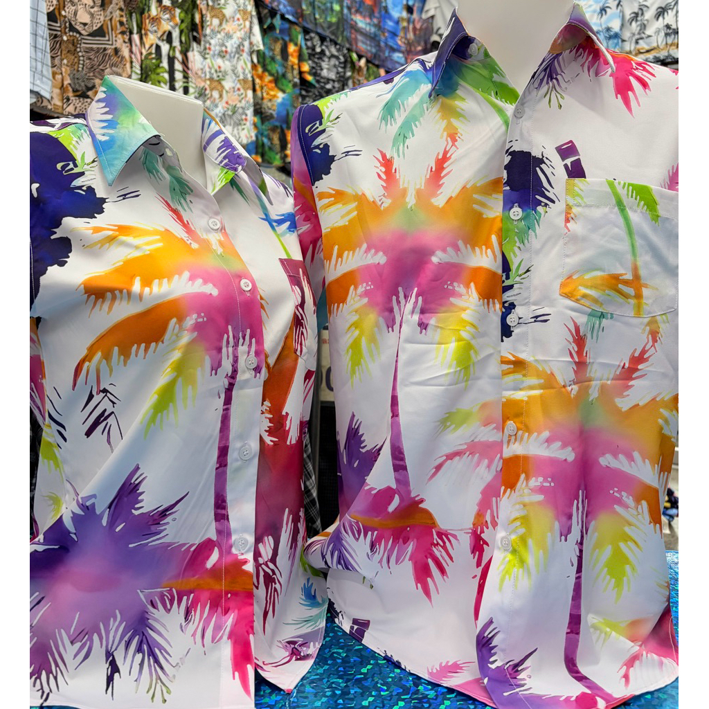เสื้อคู่ เสื้อทีม ลายดอก 6952  ดอกแดง & ต้นมะพร้าว