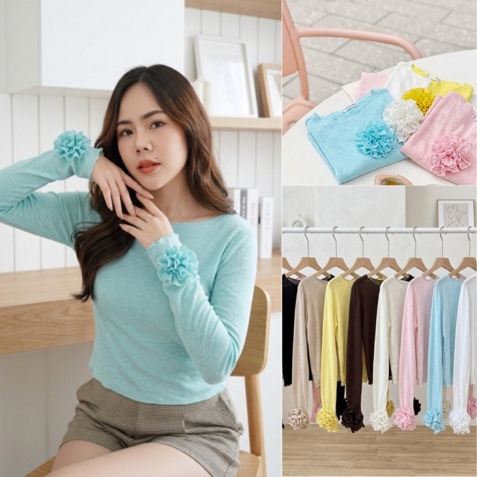 เสื้อแขนยาวผ้าสลาฟแต่งดอกคามิเรีย สบายตัว ระบายอากาศดี แฟชั่นหน้าร้อน