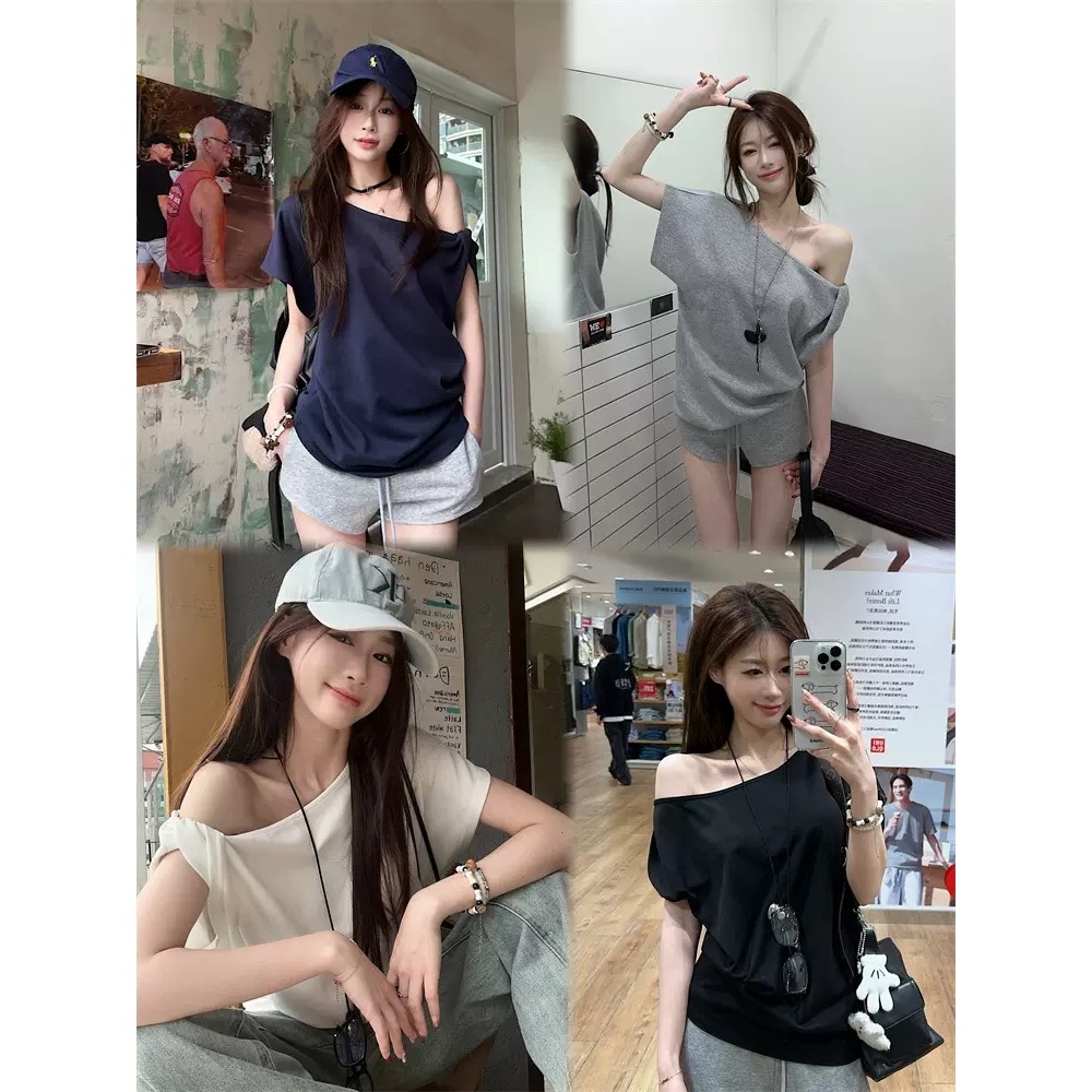 แขนสั้น เสื้อปาดไหล่เฉียงเปิดไหล่ ผ้า Cotton ยืดนุ่มใส่สบาย ผ้าไม่บาง ระบายอากาศได้ดี ทรงสวยเข้ารูป