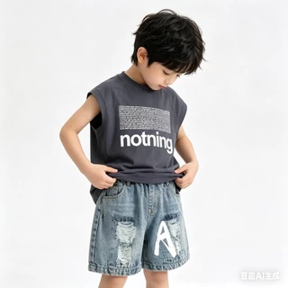MC243 ชุดแฟชั่นเด็กผู้ชาย 2 ชิ้น เสื้อสีเทา กางเกงยีนส์ ใส่สบาย