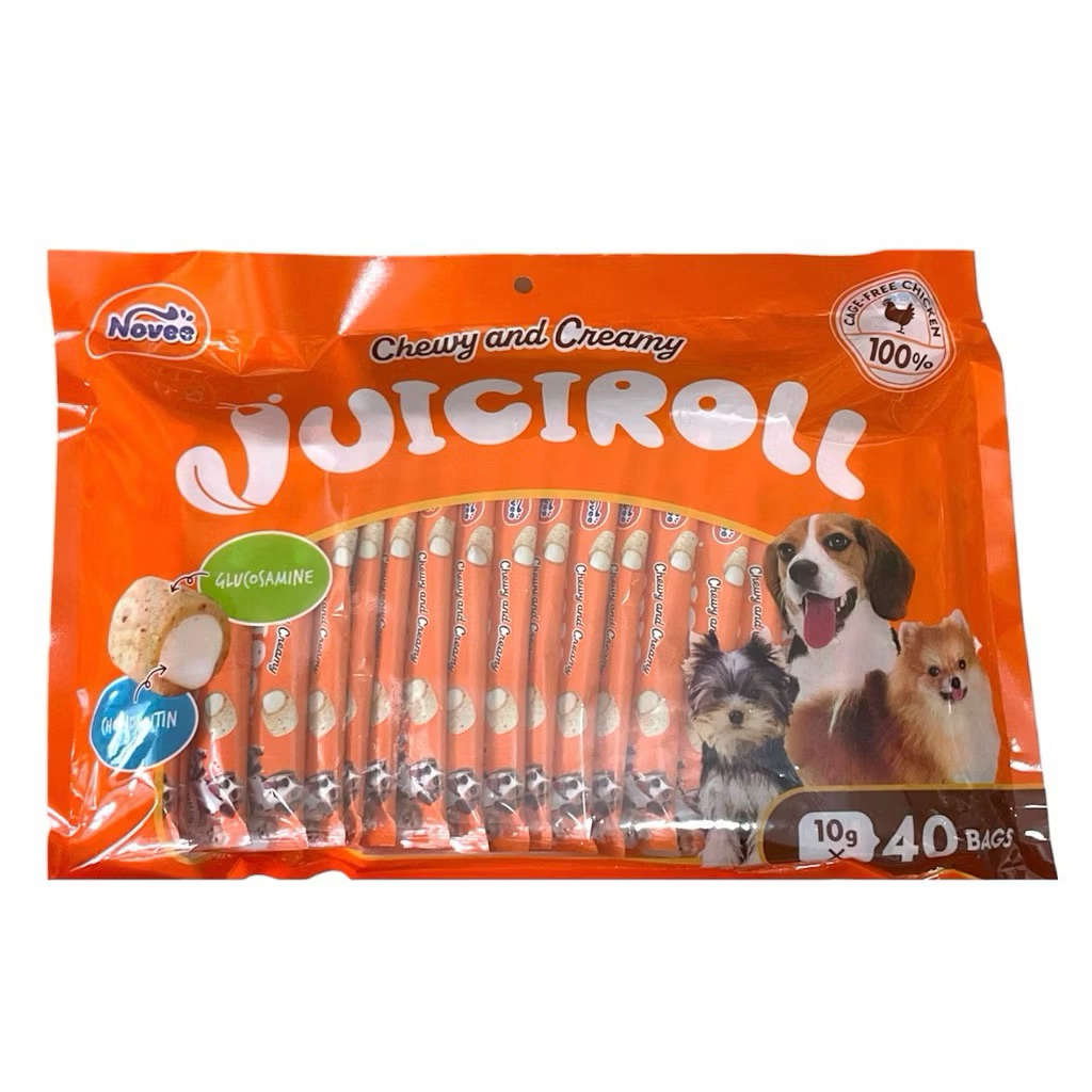 NOVEE JUICI ROLL ขนมสุนัขเนื้อสันในไก่ย่างสอดไส้ครีม บำรุงข้อต่อ 10gx40 ซอง