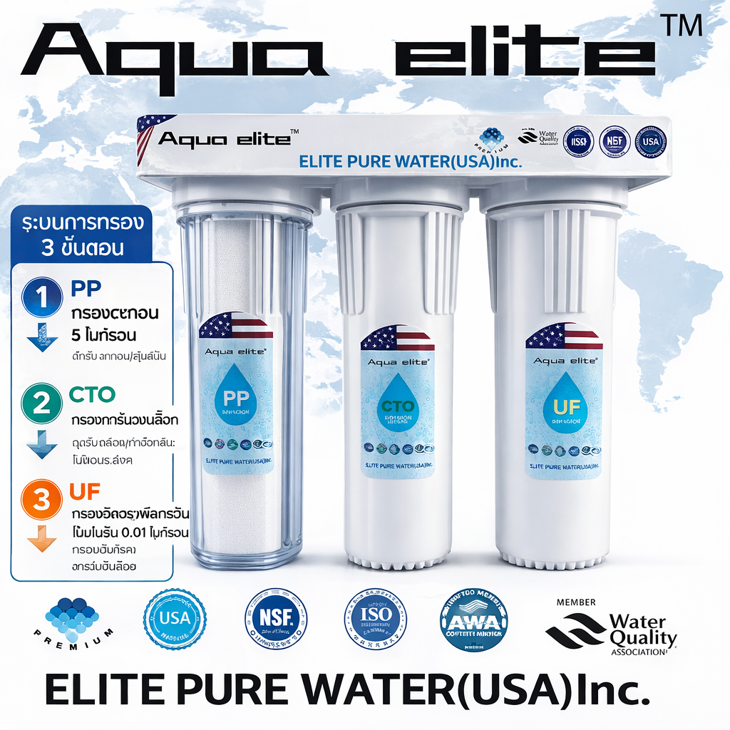 AquaElite เครื่องกรองน้ำดื่ม 3 ขั้นตอน 3 Stage Water Filter น้ำสะอาด ปลอดภัย กรองคลอรีน สนิม ตะกอน ลดหินปูน ปรับรสน้ำให้