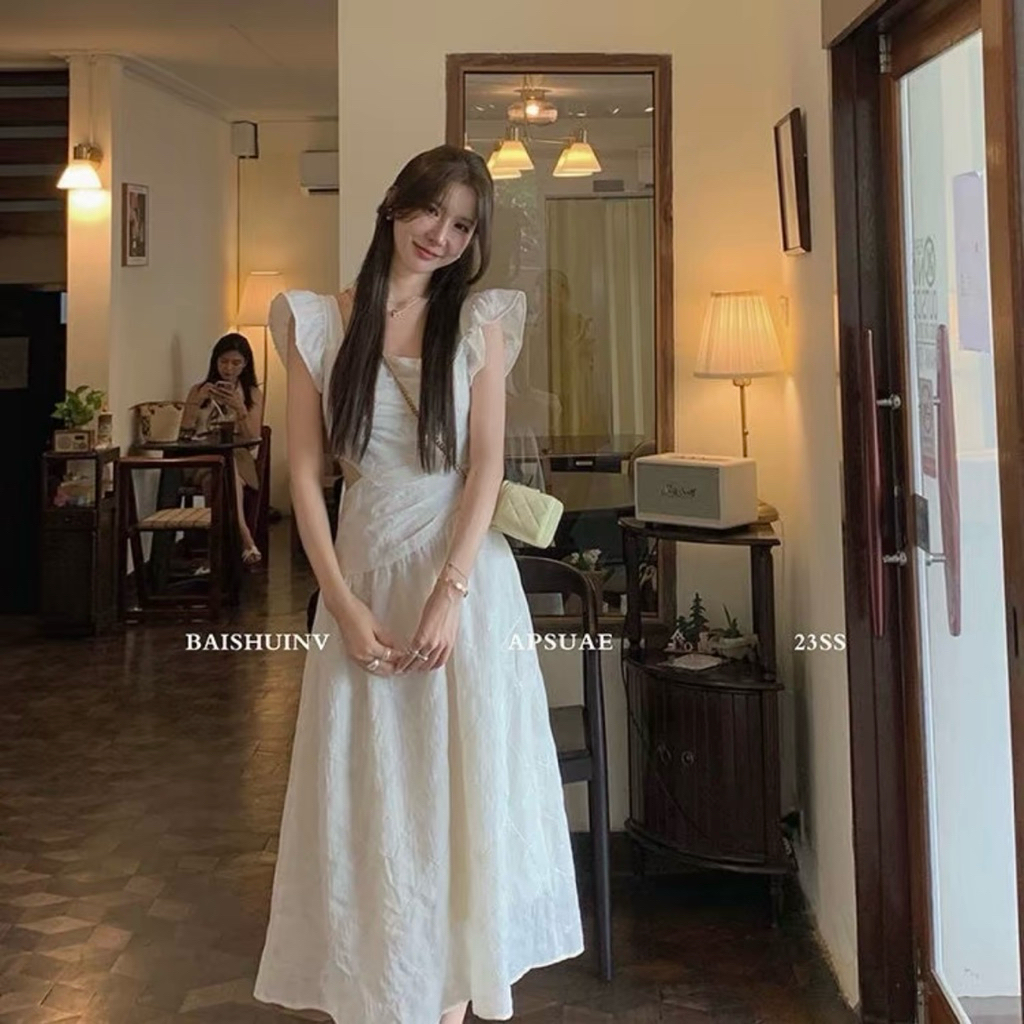 BELLYN CLOTHING — Yingying creammy dress เดรสยาวสีครีม งานปักทั้งตัว เว้าเอว
