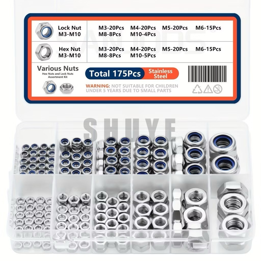 สแตนเลสสตีลเมตริกฮาร์ดแวร์ Fastener Kit Locknuts และ Hex Nuts M3 ถึง M10 175 ชิ้น