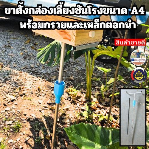 ขาตั้งกล่องชันโรง ขาตั้งกล่องเลี้ยงชันโรง เหล็กกัลวาไนซ์กันสนิมขนาด A4 พร้อมเหล็กตอกนำและกรวยใส่น้ำมัน สะดวกพร้อมใช้งาน