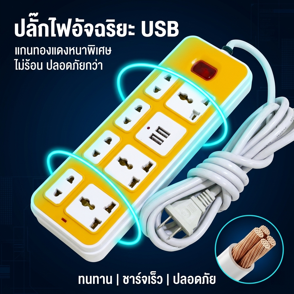 UPIN ปลั๊กไฟ 7 ช่อง 2 USB ปลั๊กสามตา สายยาว 3/5 ม. ปลั๊กพ่วงชาร์จเร็ว