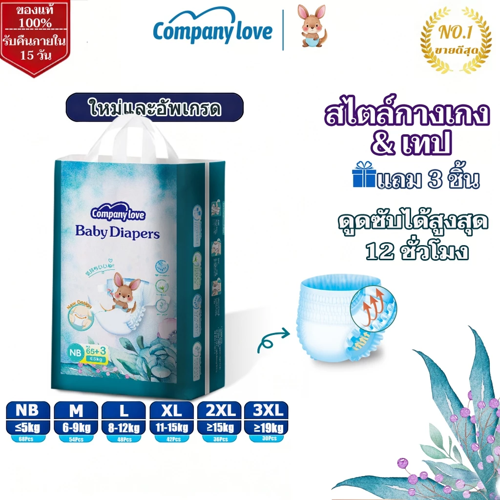 【Free 3 Pcs】Company Love ผ้าอ้อมเด็กทารกทุกวัน+เวลากลางคืน NB68/M54/L48/XL42/XXL36/3XL30/4XL28 แพมเพิส ผ้าอ้อมเด็กสำเร็จ