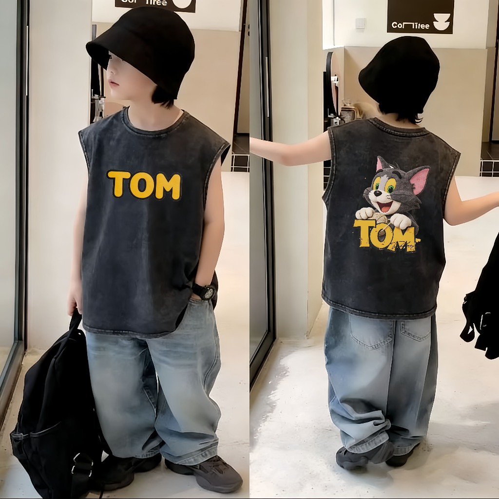 เสื้อเชิ้ตชายแบบล้างน้ำ ลายเก่า ไม่มีแขน T-ชุด ฤดูร้อน ระบายอากาศดี แฟชั่นเด็กชายสไตล์สตรีท