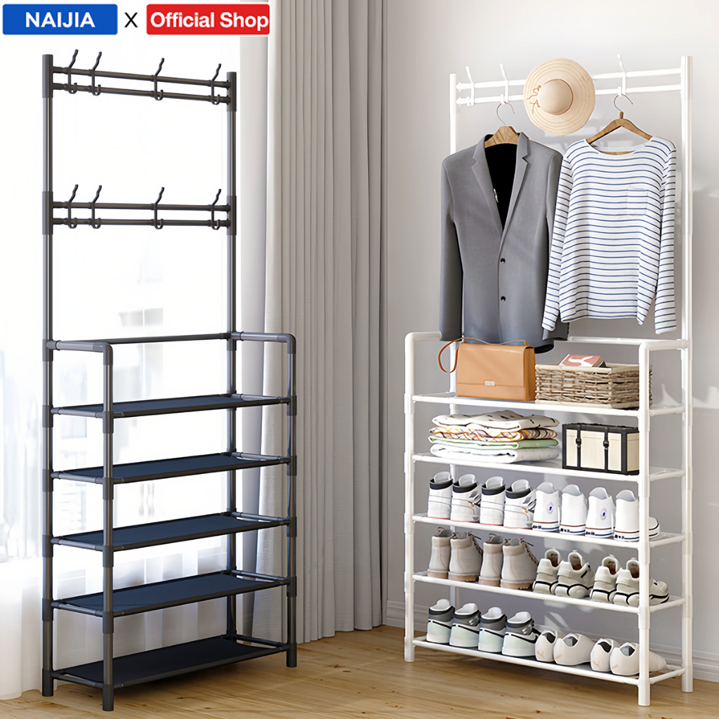 🔥2 IN 1🔥ชั้นวางรองเท้า ชั้นรองเท้า ชั้นวางของ  ไม้แขวนอเนกประสงค์และชั้นวางหมวก ไม้แขวน 3/4/5ชั้น shoe rack