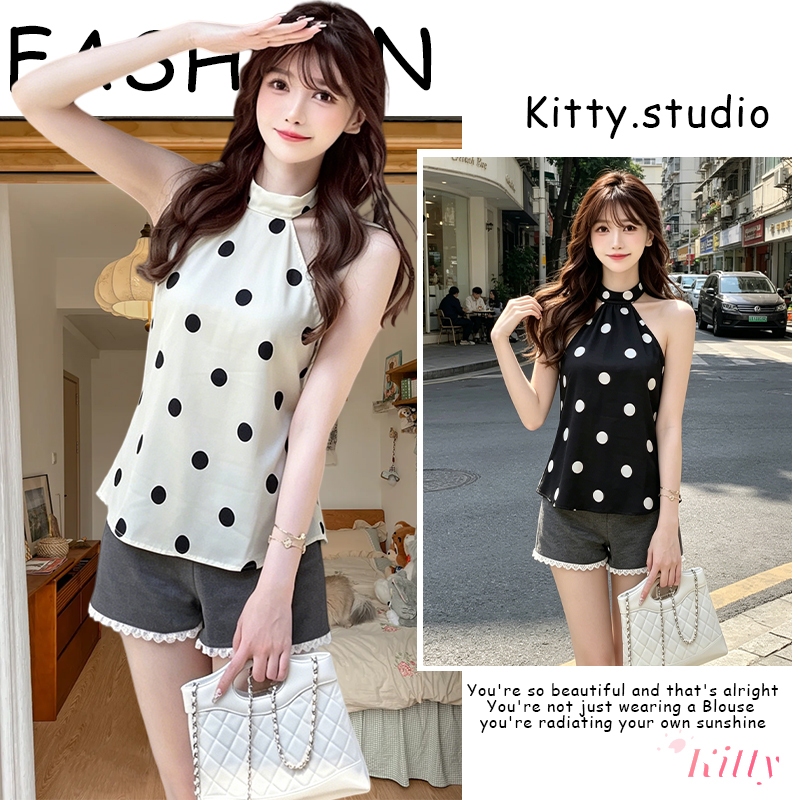Kitty🌸พร้อมส่ง🌸ครอปคอเต่าแขนกุด ลายจุดซาติน สายรัดหลังสวยงาม ทรงทันสมัย ใส่เซ็กซี่ น่ารัก จัดแต่งลุคได้ง่ายมาก