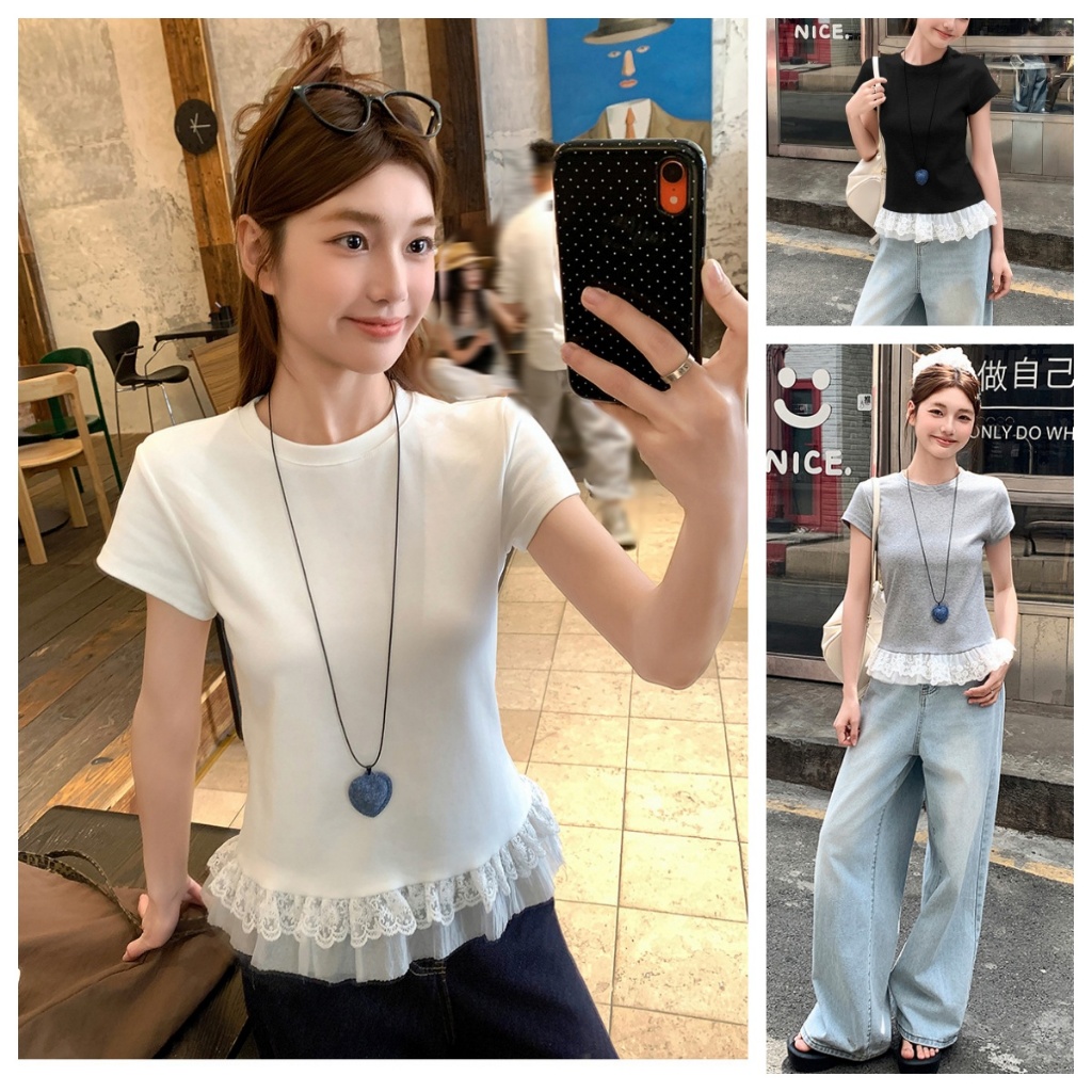 เสื้อยืดแขนสั้นคอกลมสําหรับผู้หญิง ลูกไม้ แขนสั้นสีทึบ ดีไซน์เอว