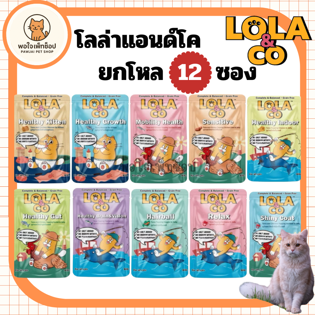 [ยกโหล 12ซอง] Lola&Co โลล่าแอนด์โค อาหารเปียกแมว สูตร Complete & Balanced เกรนฟรี ไม่เติมเกลือ ขนาด 80g. 12ซอง