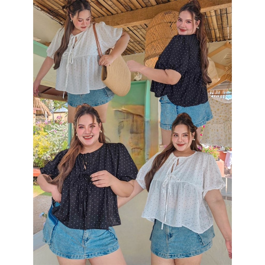 Pokadot top เสื้อพริ้วแขนตุ๊กตาผูกโบว์หน้า ผ้าโรซี่ลายจุดน่ารักๆ อก 40-60 นิ้ว