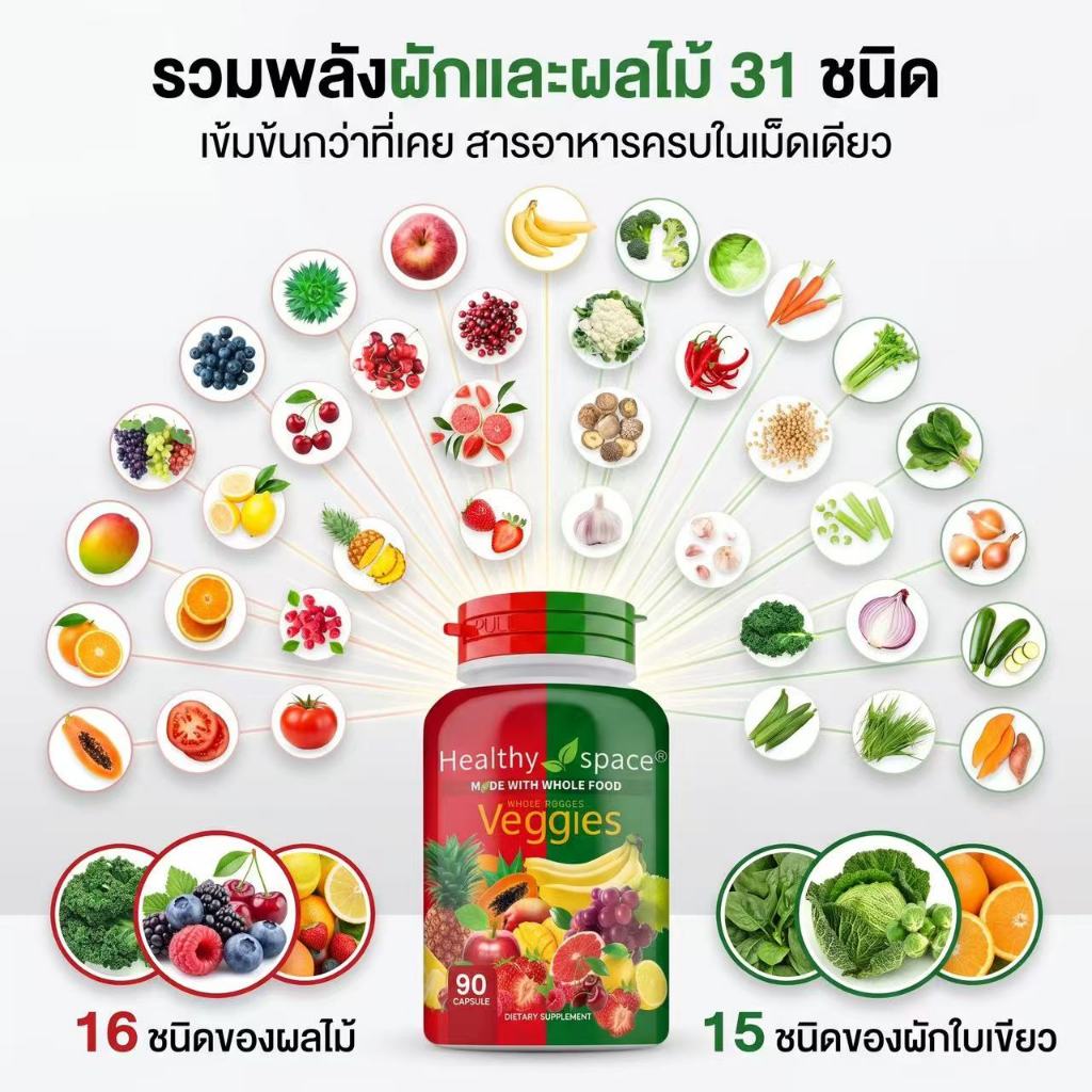 【Healthy space】แคปซูลผลไม้และผัก ใยอาหาร เสริมสารอาหารให้ร่างกายของคุณด้วยผลไม้และผัก 90 แคปซูล/ขวด * 2