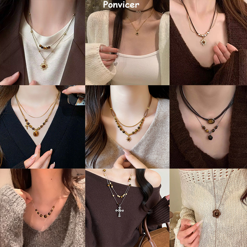COD-ส่งเร็ว🚚Vintage Tiger Eye Stone จี้สร้อยคอแฟชั่นวันหยุดของขวัญอุปกรณ์เสริม
