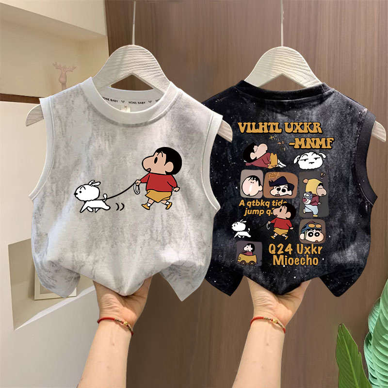 พร้อมส่ง ส่งจากไทย COD ผ้าฝ้าย100% เสื้อกล้ามเด็ก Shinchan&Dog ลวดลายการ์ตูน มัดย้อม เสื้อกั๊ก แฟชั่น นุ่มสบาย 3-12ปี