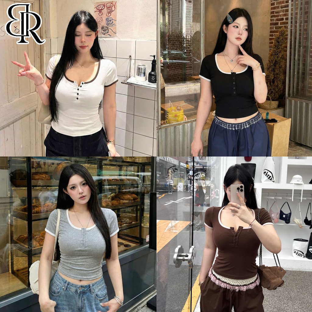 B&R พร้อมส่ง เสื้อยืดแขนสั้นผู้หญิงแบบสีตัดกัน เสื้อครอปเข้ารูปสำหรับสาวไซส์ใหญ่ คอต่ำ ขนาด S-2XL
