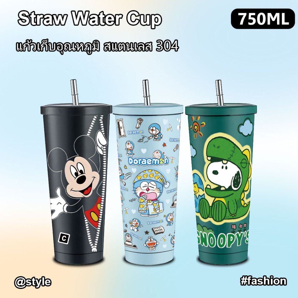 แก้วเก็บอุณหภูมิ สแตนเลส304 750ml พร้อมหลอด+ฝา ลายการ์ตูนน่ารัก | เก็บร้อน-เย็น พกพาสะดวก