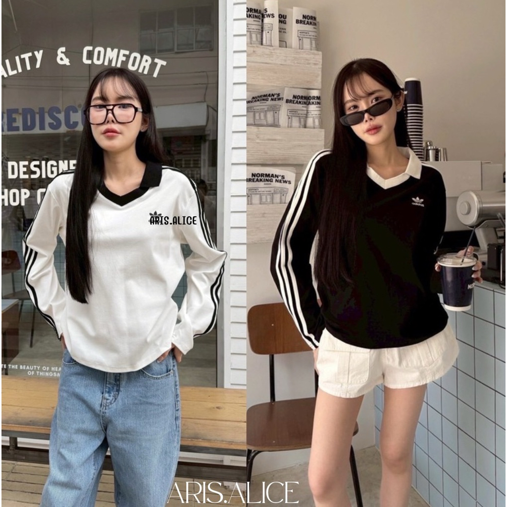 เสื้อโปโลคอปกแขนยาวรุ่นฮิต ดีเทลแต่งแถบที่คอและแขนเสื้อสีทูโทน ผ้าเนื้อนิ่ม ใส่สบาย งานป้ายแท็กครบ สวยตรงปกค่า