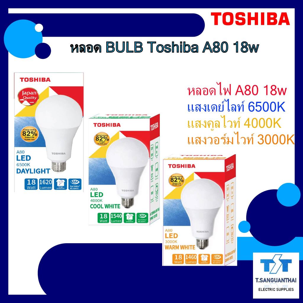 [TOSHIBA] หลอดไฟ หลอดไฟแอลอีดี LED bulb ขั้ว E27 แสงขาว Daylight 18W A80 1650lumen / 1540lumen / 1460lumen